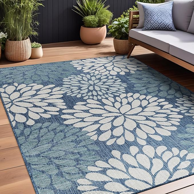 Beverly Rug Outdoor Rug 9x12 Modern Exotic Tropical Leaf Area Rugs for Indoor and Outdoor Patio Deck Porch Garden Water Resistant Washable Outside Carpet (9 x 12 Blue)