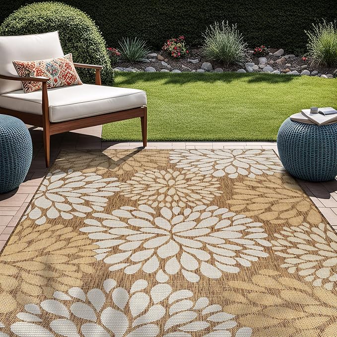 Beverly Rug Outdoor Rug 8x10 Modern Exotic Tropical Leaf Area Rugs for Indoor and Outdoor Patio Deck Porch Garden Water Resistant Washable Outside Carpet (8 x 10 Wooden)
