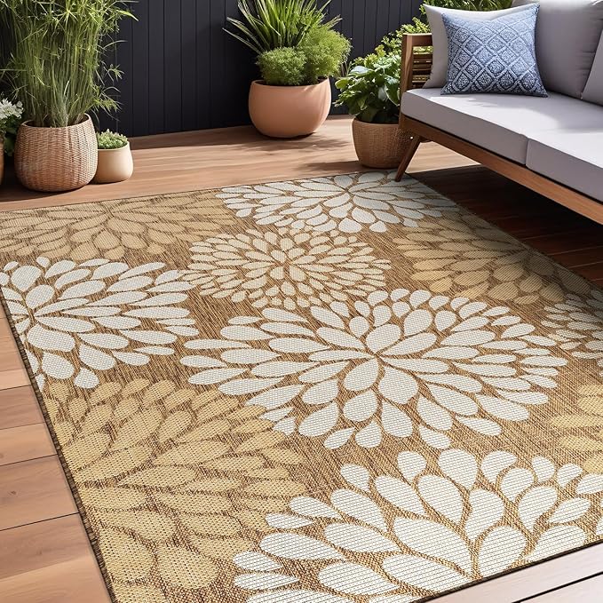 Beverly Rug Outdoor Rug 8x10 Modern Exotic Tropical Leaf Area Rugs for Indoor and Outdoor Patio Deck Porch Garden Water Resistant Washable Outside Carpet (8 x 10 Wooden)