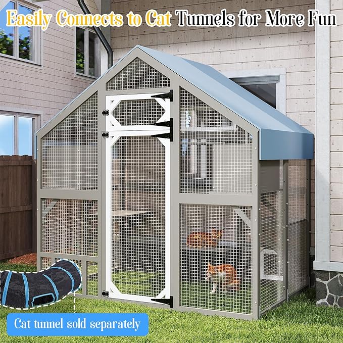 Cat Catio Outdoor Enclosure for Multiple Cats, Large Wooden Walk-in Cat House with Window Connection, 2 Condos, Platforms, Doors, and Weatherproof Roof Cover (69.5" L x 47" W x 71" H)