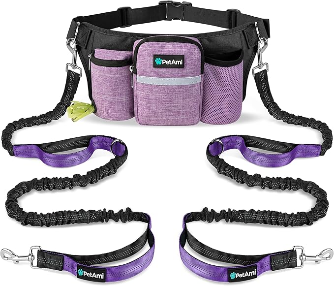 PetAmi Premium Hands Free Dog Leash for 2 Dogs, Adjustable Waist Belt Leash for Dog Walking, Fanny Pack Accessories Bag Dual Bungee Leash for Running, Hiking, Jogging, Biking, Purple