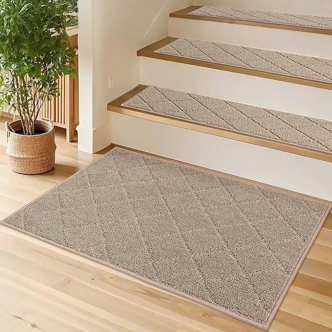 COSY HOMEER Edging Stair Treads Non-Slip Corner Indoor Stair Runners for Wooden Steps,Landing Slip Resistant Stair Rugs for Kids and Dogs, 100% Polyester TPE Backing,Beige,20"X32"