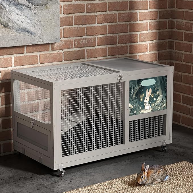 COZIWOW Fashionable Wood 36In Rabbit Hutch Indoor on Wheels Bunny Cage Outdoor Rabbit Cage with Clean Tray, Openable Roof, Anti-Slip Ramp for Small Bunny Rabbit (Grey with Pattern)