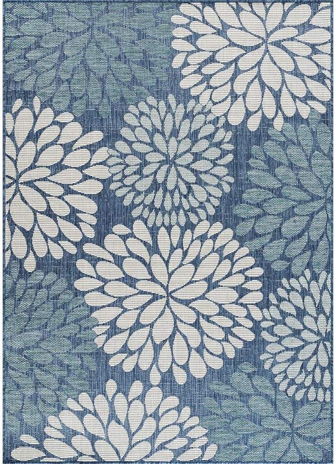 Beverly Rug Outdoor Rug 9x12 Modern Exotic Tropical Leaf Area Rugs for Indoor and Outdoor Patio Deck Porch Garden Water Resistant Washable Outside Carpet (9 x 12 Blue)