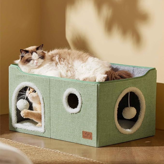 Bedsure Large Cat Beds for Indoor Cats - Extra Wide Cat Cube House for Small Pet with Fluffy Ball Hanging and Scratch Pad, Foldable Pet Cave Hideaway for Multiple Cats, 23.6x16.9x13 inches, Green