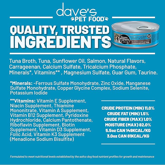 Dave's Pet Food Grain Free Wet Cat Food (Tuna & Salmon in Aspic), Naturally Healthy Canned, Added Vitamins & Minerals, Wheat & Gluten-Free, 3 oz (24 Pack)