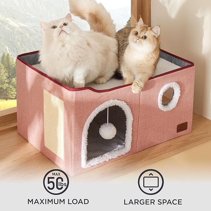 Bedsure Large Cat Beds for Indoor Cats - Extra Wide Cat Cube House for Small Pet with Fluffy Ball Hanging and Scratch Pad, Foldable Pet Cave Hideaway for Multiple Cats, 23.6x16.9x13 inches,Pink