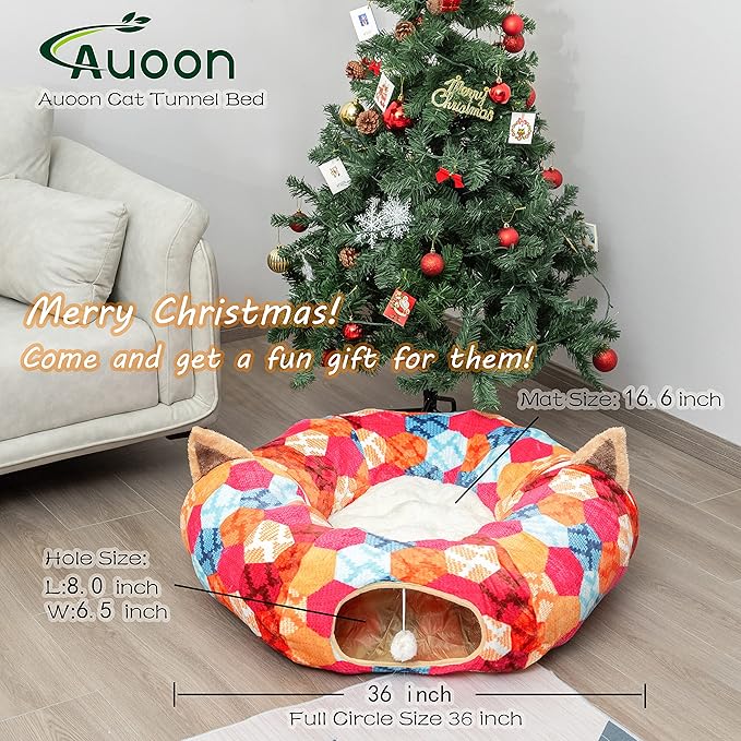 AUOON Cute Cat Donut Tunnel - Interactive Cat Tunnel Bed for Indoor Cats Kitten Kitty Puppy Rabbit Ferret (Orange)