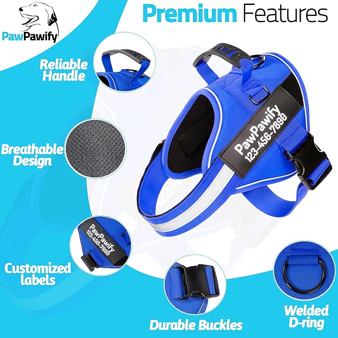 PawPawify Custom No Pull Dog Harness with Name and Phone Number, Heavy Duty Personalized Pet Vest to Prevent Tugging, Pulling, or Choking, Training and Walking (New Blue, L (40-60 LBS))