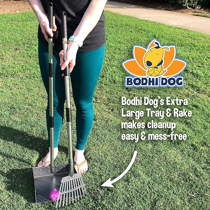 Bodhi Dog Pooper Scooper for Large Dogs - Heavy Duty Metal Poop Scoop w/Long Handle Tray & Rake - Dog Poop Scooper for Yard, Grass, Street, Gravel & Outdoor Areas - Pet Waste Cleanup Tool
