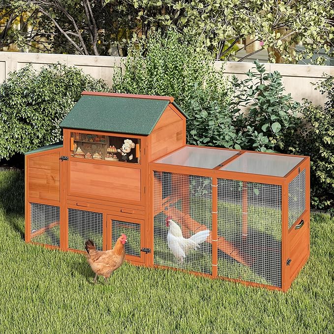 COZIWOW 82" Large Wooden Chicken Coop, Outdoor Rabbit Hutch with Wheels, Sunshine Board, Asphalt Roof, Ramp, Openable Top, Door, Window, Pull-Out Tray, Indoor Bunny Cage (Orange with Pattern)
